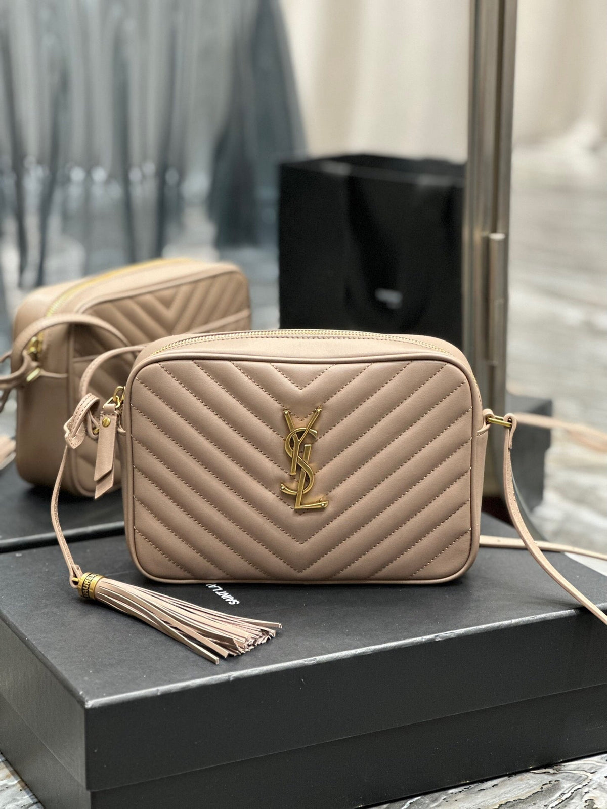 Quilted Leather Camera Bag with Tassel Detail